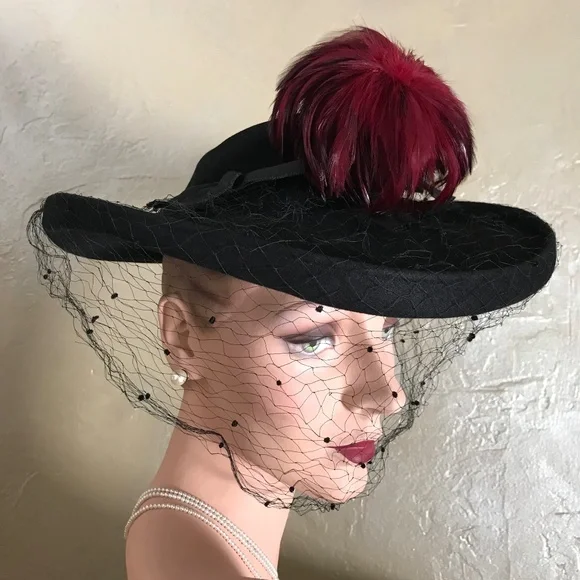 STUNNING 1940s\' BLACK FELT  WIDE BRIM HAT WITH RED FEATHER SPRAY. &  DOTTED VEIL Hats 1940 - 1949 Unknown Maker 1.In black and white plaid  main image 2
